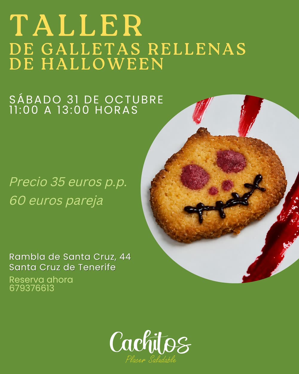 Cartel del Taller de galletas rellenas de Halloween, sábado 31 de octubre de 11:00 a 13:00 h en Cachitos