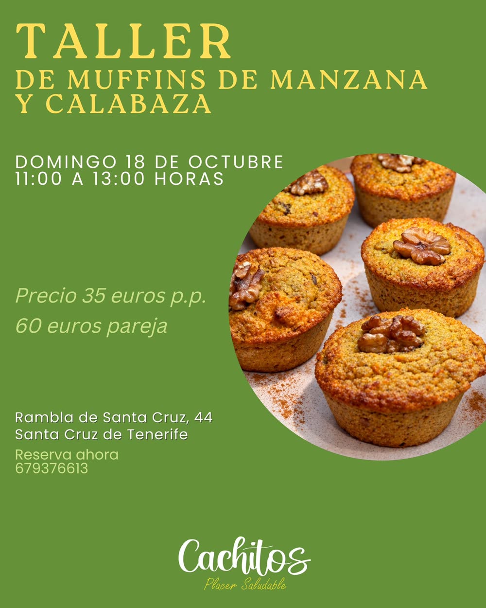 Cartel del Taller de muffins de manzana y calabaza, domingo 18 de octubre de 11:00 a 13:00 h en Cachitos