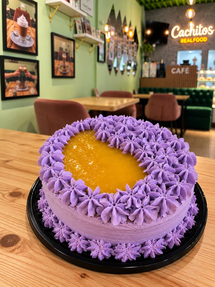 Tarta lila con corazón de mango